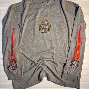 West Coast Choppers Gray Long Sleeve Tee with Red Flames